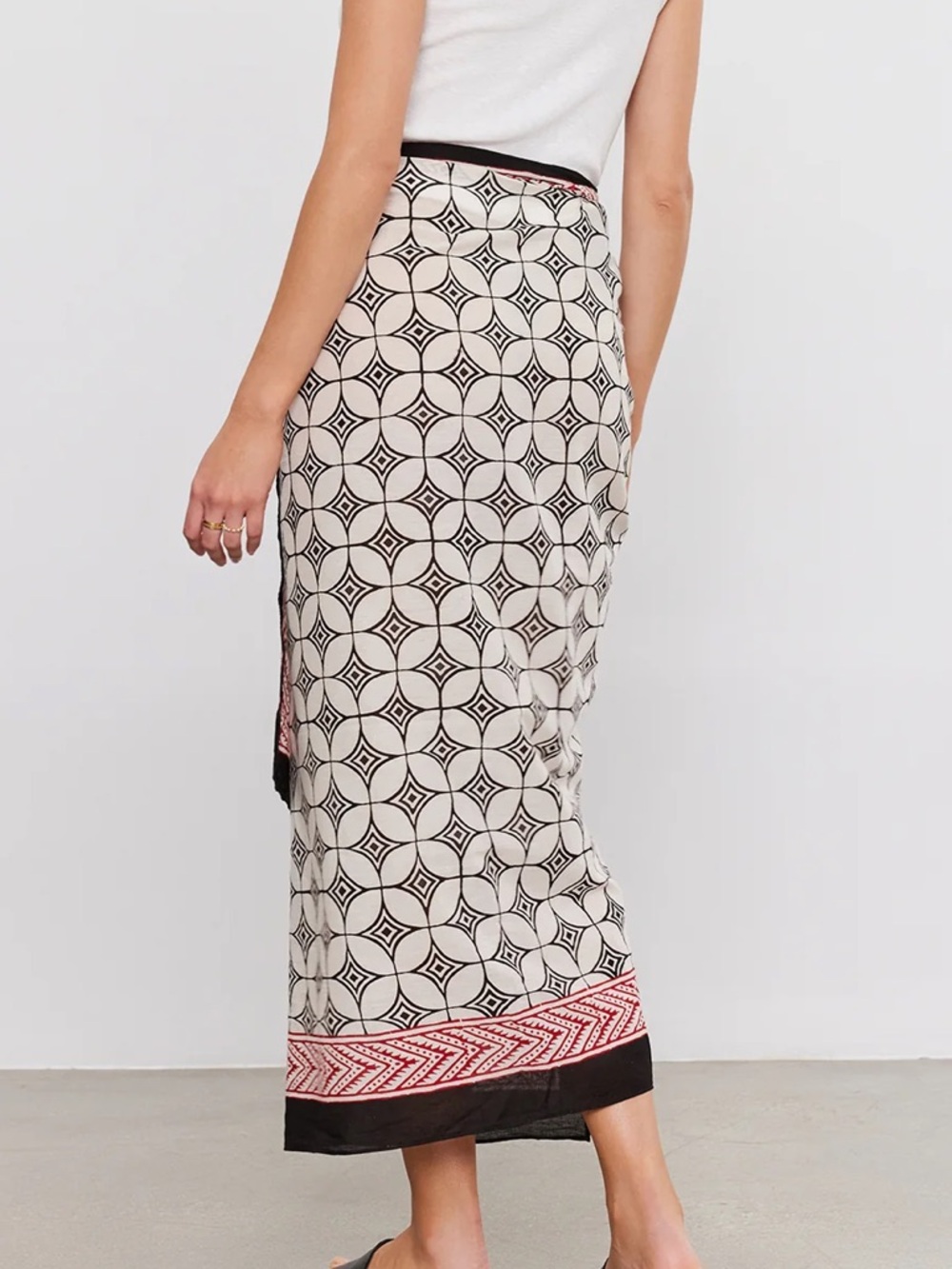 Printed Black & Cream Wrap Skirt with Red Trim - Picture 3 of 6